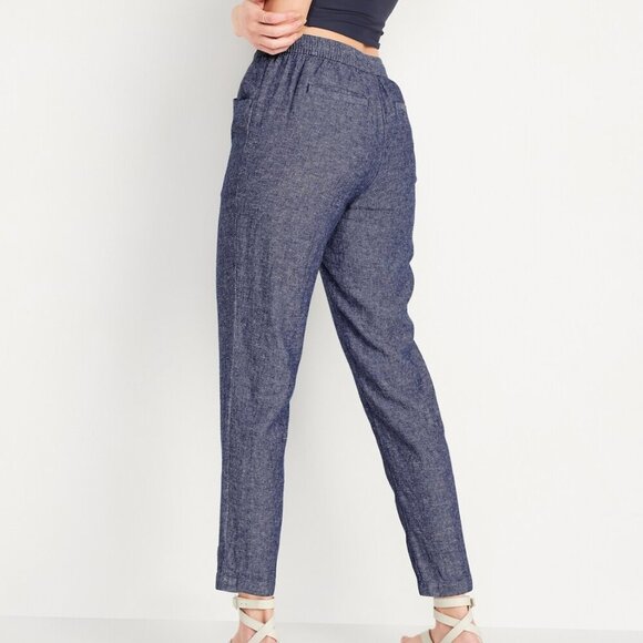 OLD NAVY High Waisted Cropped Linen Blend Pants Blue White Chambray Crop Ankle L - Picture 4 of 14